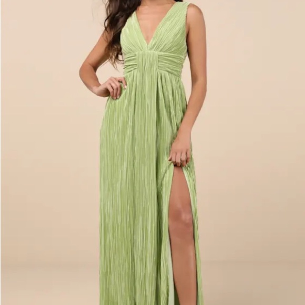 Lulu’s Melitta Lime Green Plisse Sash Maxi Dress